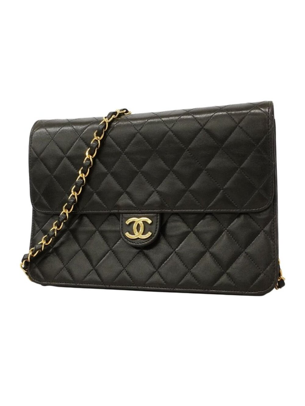 Chanel Shoulder Bag Quilted Lambskin Black Gold